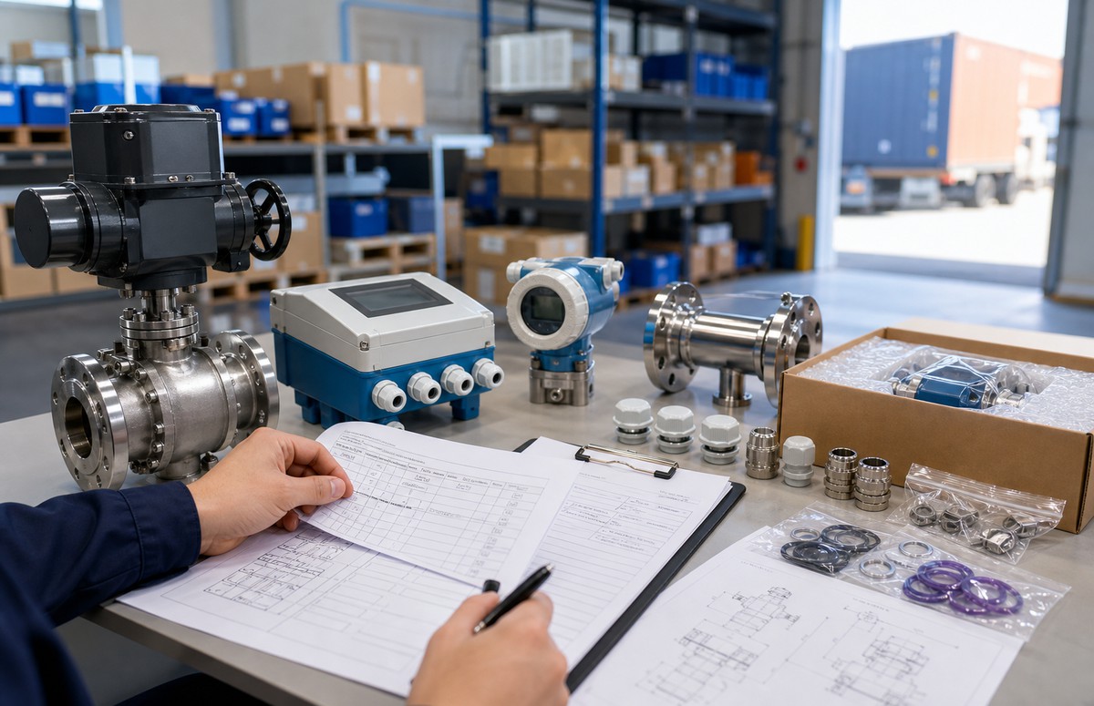 Industrial valve automation supplier inspection desk with valves actuators and documentation