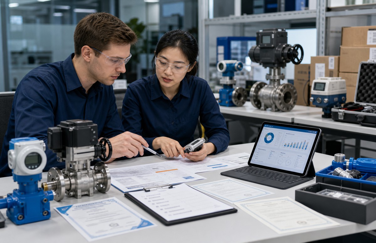 Engineers reviewing industrial automation product documentation and quality records