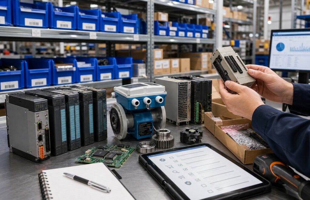 Organized industrial spare parts inventory for obsolete parts sourcing article