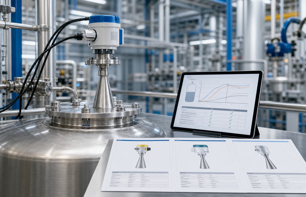 Radar level transmitter installed on an industrial tank with selection comparison documents